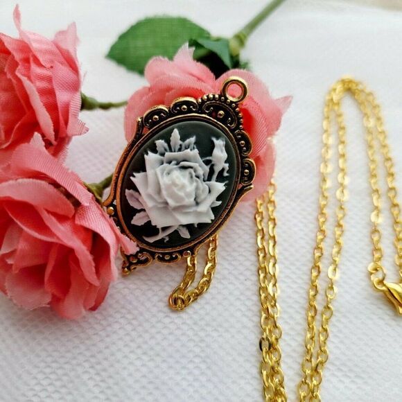 Gray Rose Goth Victorian Gold Necklace Cameo Punk - Picture 2 of 4